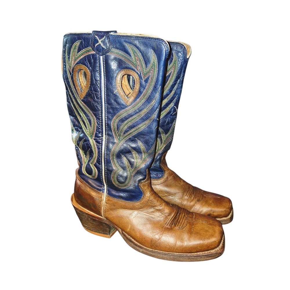 Twisted X Ruff Stock Cowboy Boots Mens 9.5 EE WIDE Brown Blue Leather MRSL021
